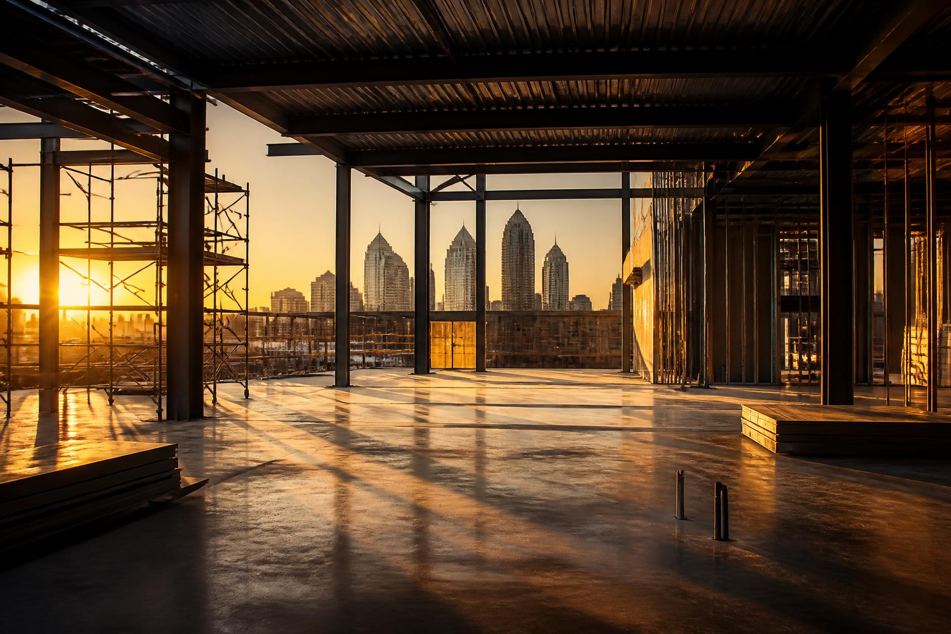 Empty commercial construction site at golden hour
